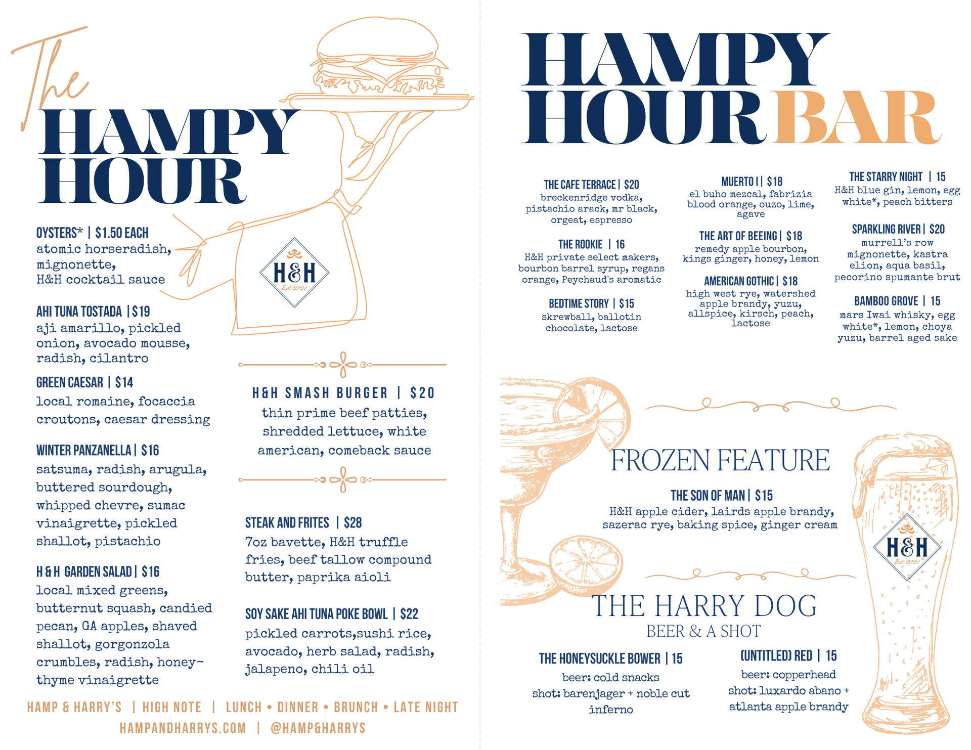 Menu: HP Hour, Chef's Plates, including drinks, happy hour, and food items.