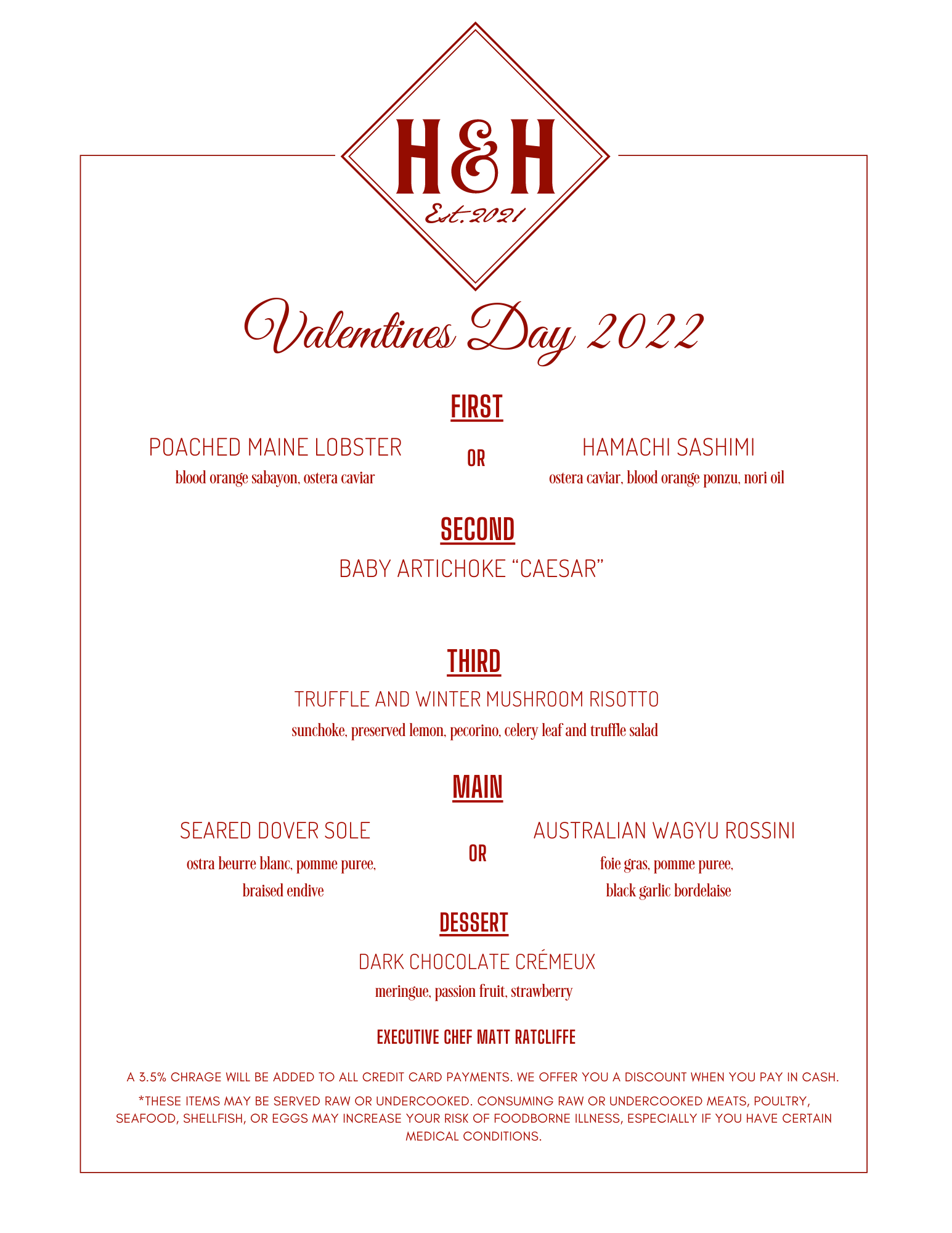 Valentine's Day 2022 menu with a burgundy logo and text on a white background.
