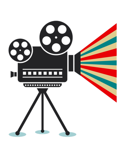 Black vintage movie camera on tripod, projecting red, blue, and teal light rays.