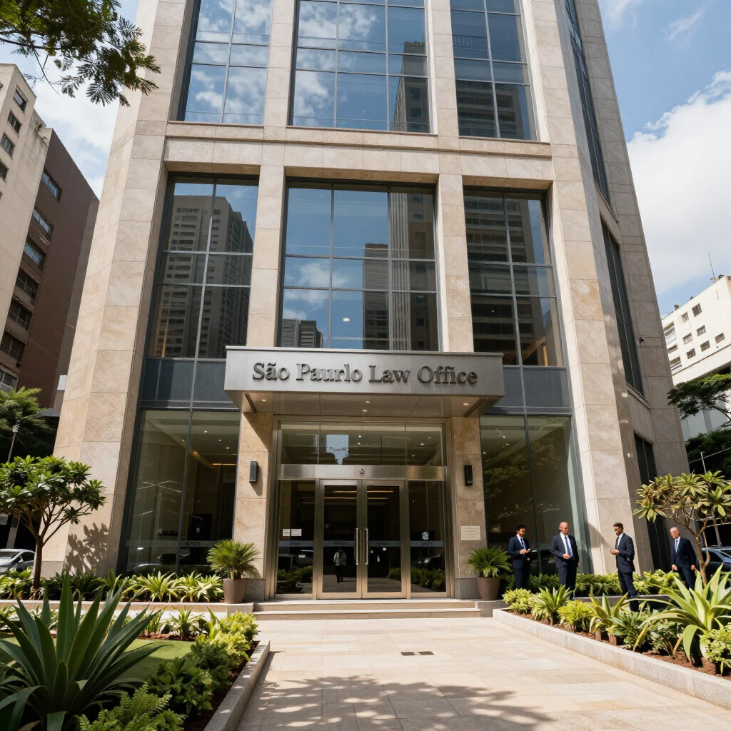 Entrada de um moderno edifício de escritórios envidraçado com uma placa indicando “Escritório de Advocacia Soto, Parrello” e pessoas do lado de fora.