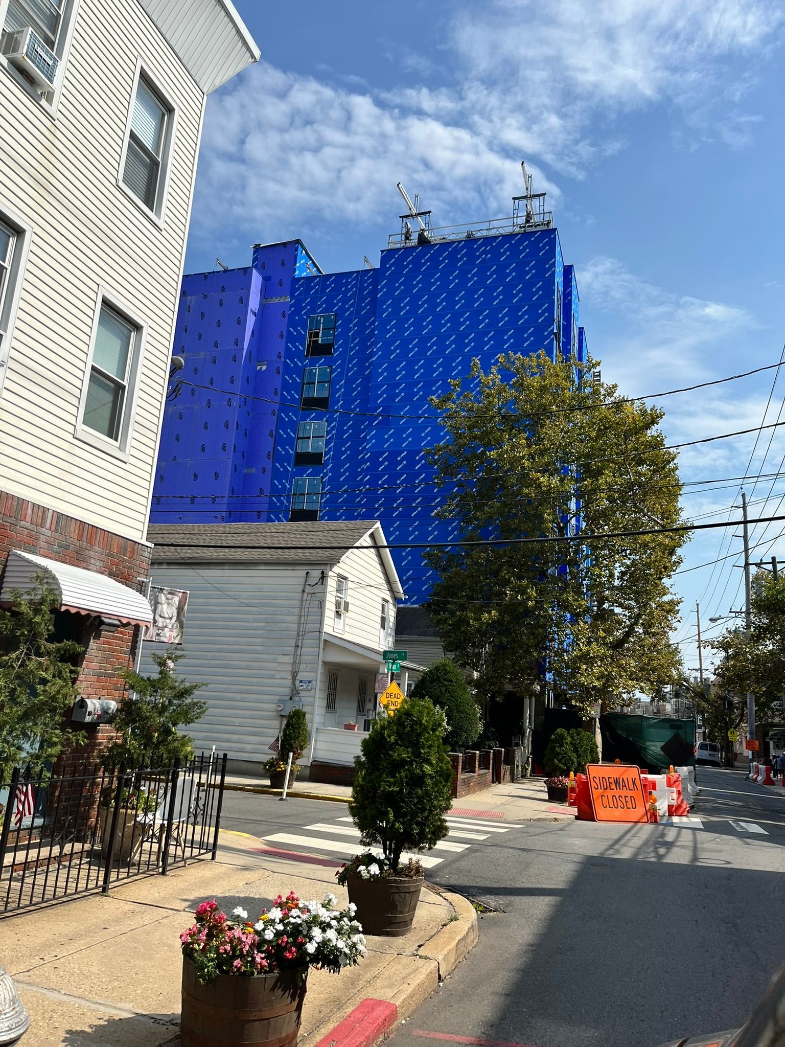 Street with colorful buildings, a bright blue facade, and flower planters under a sunny sky.