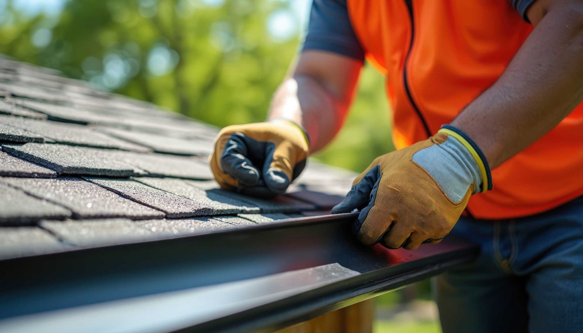 Expert gutter repair contractor installing high-quality drainage on a residential shingle roof.