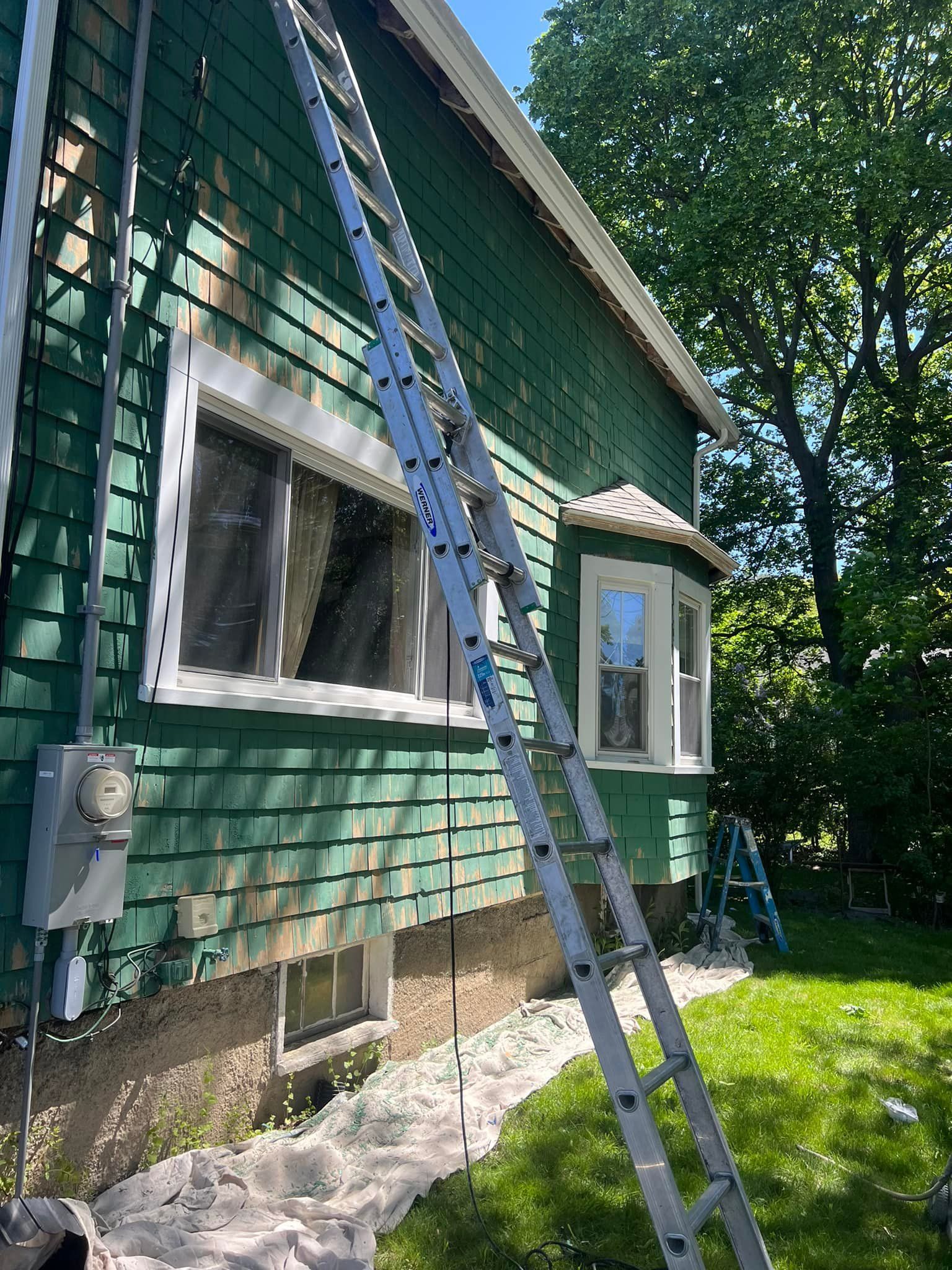 A ladder is leaning against the side of a green house.
