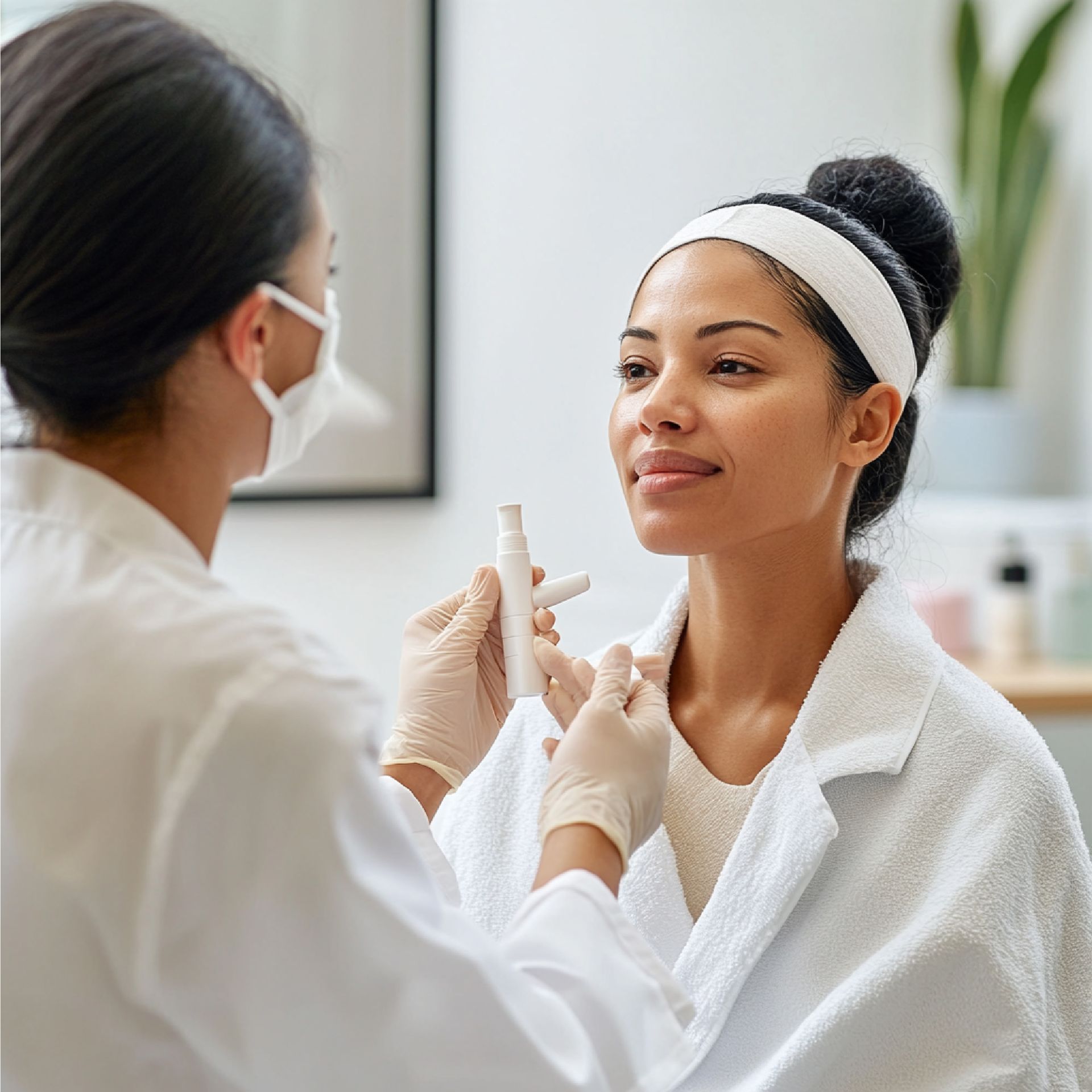 Doctor examining a smiling patient’s face in a bright clinic room