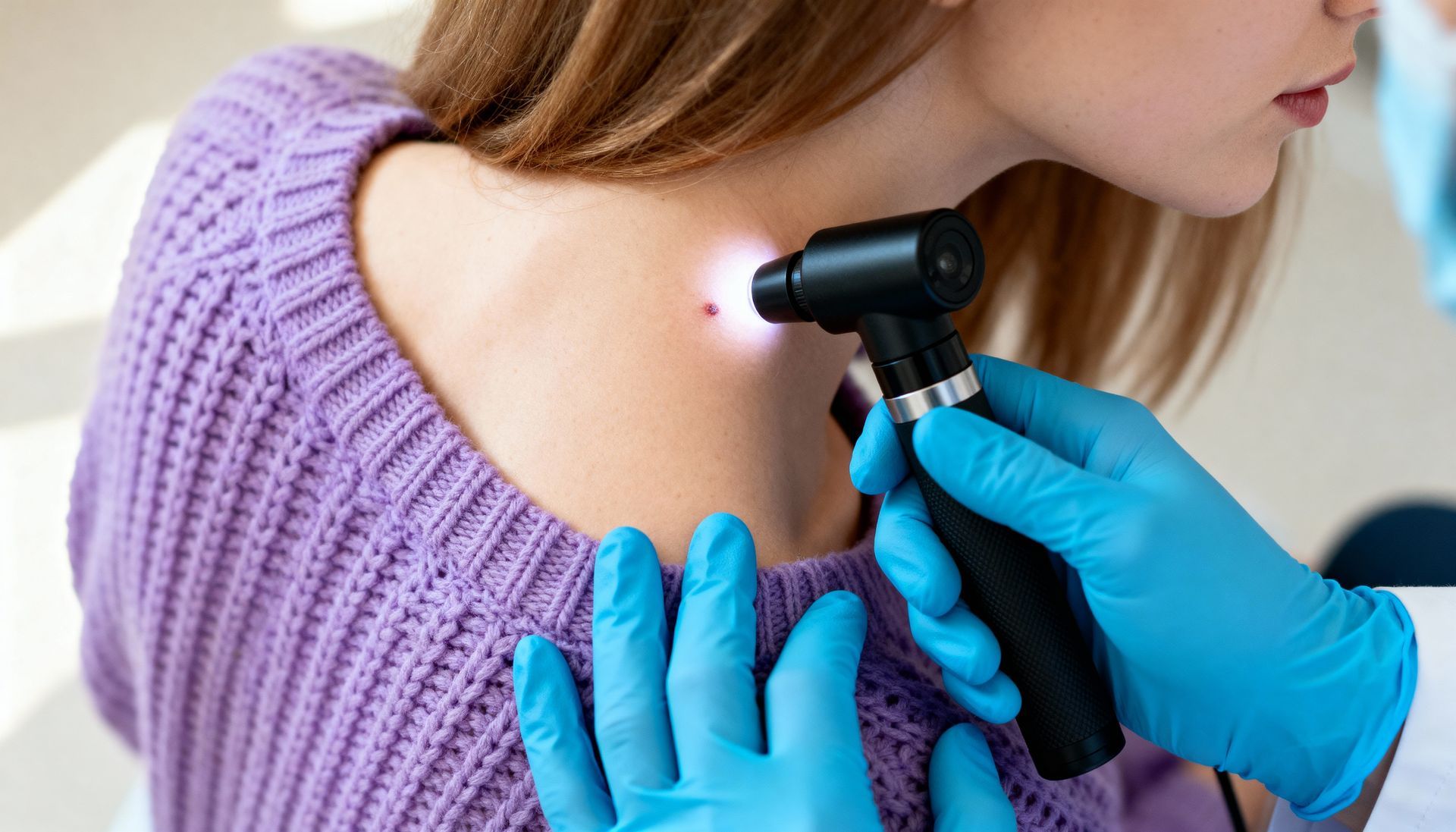 Blue-gloved clinician uses a handheld device on a woman’s shoulder, applying treatment near the neck.