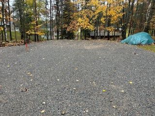 A gravel driveway in the middle of a forest with trees in the background.