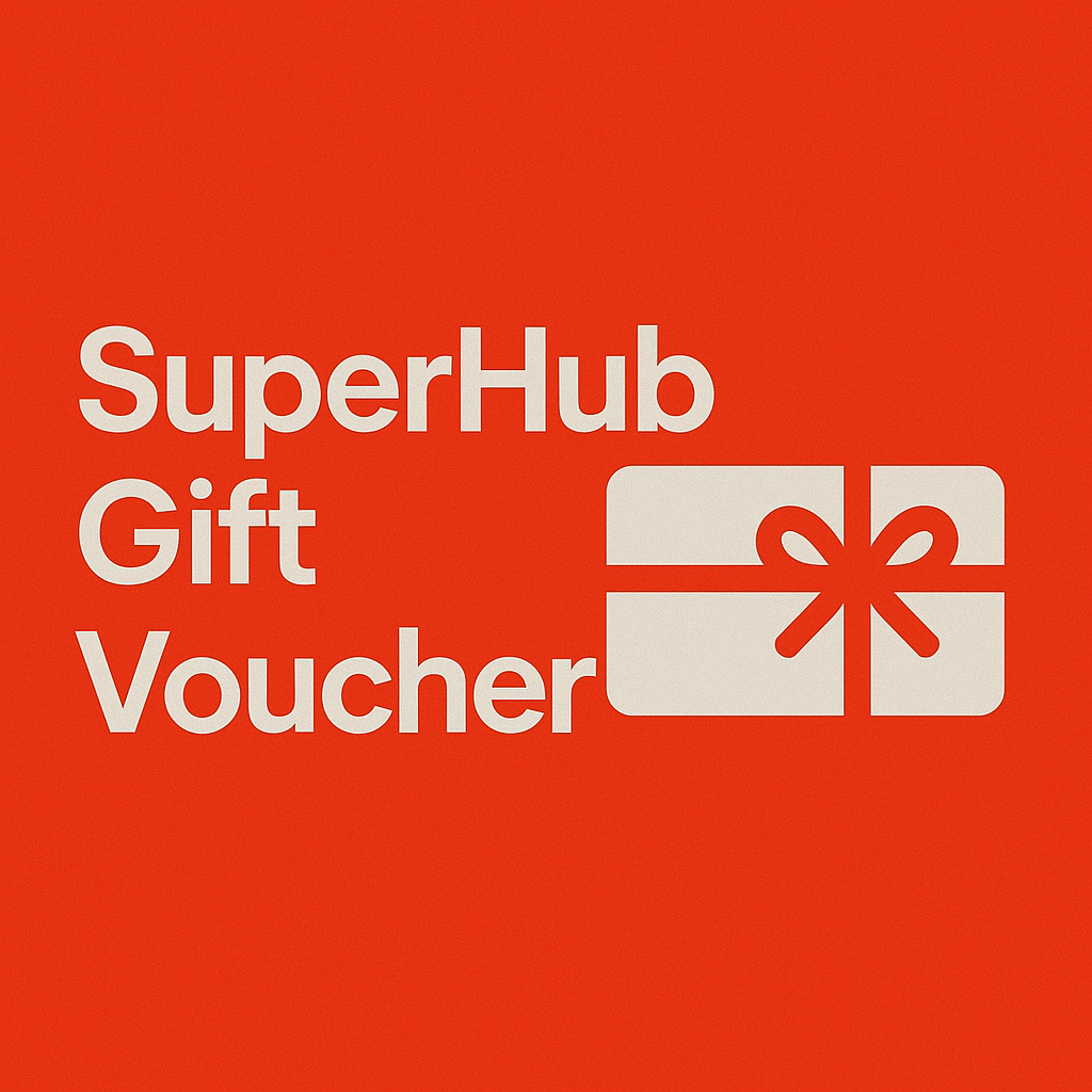 SuperHub Gift Voucher catgory tile on red background with gift icon.