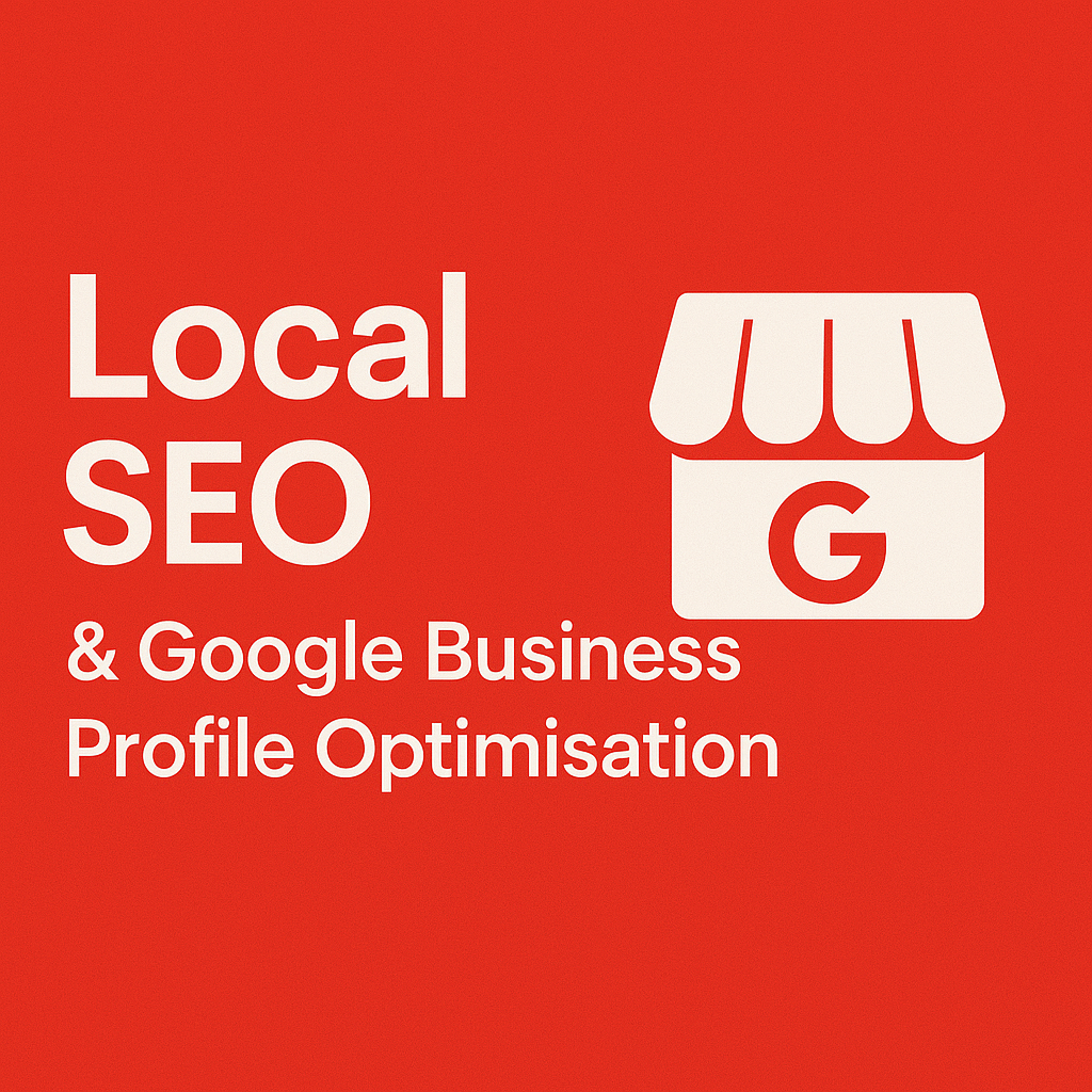 Local SEO and Google Business Profile optimization, white text on red background, store icon with “G”.