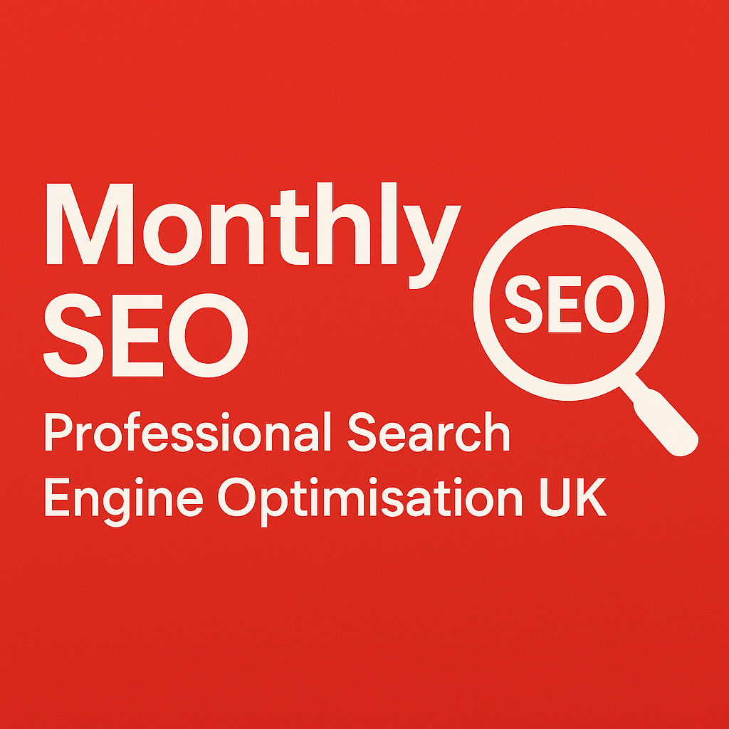 Monthly SEO services in white on red background, with a magnifying glass over 