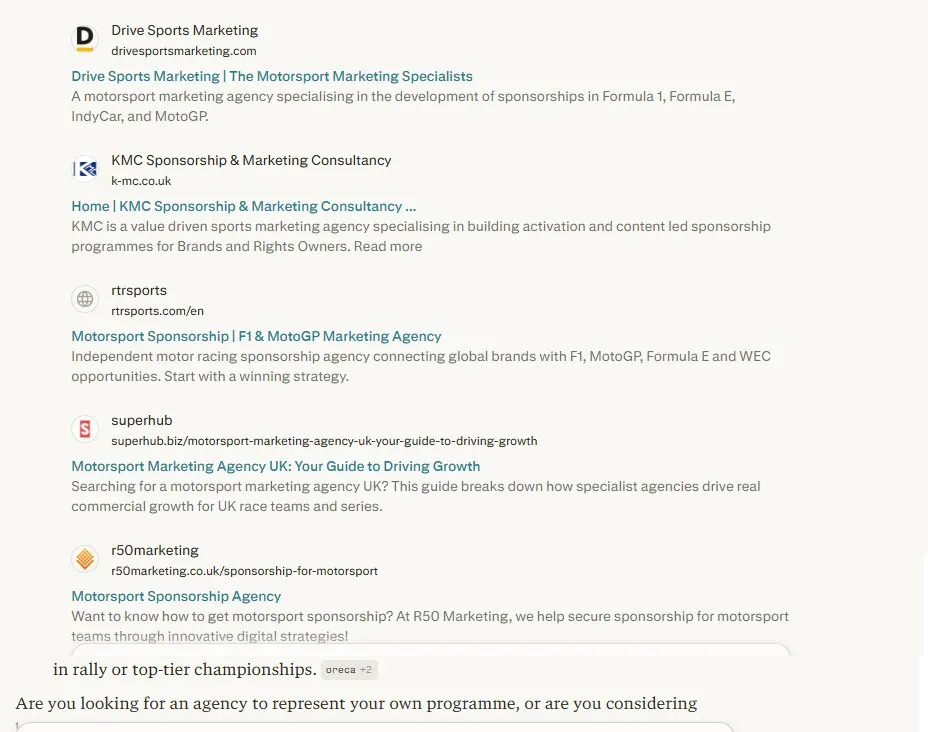 motorsport marketing agency ChatGPT search result part one