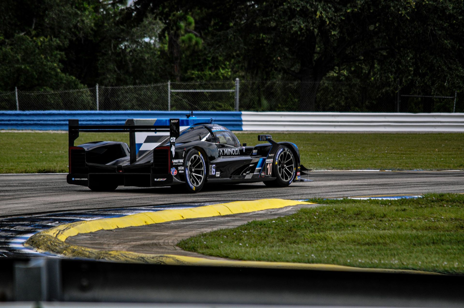 Black race car on a track, turning a corner. Yellow and black track edge, green grass, trees in the background.