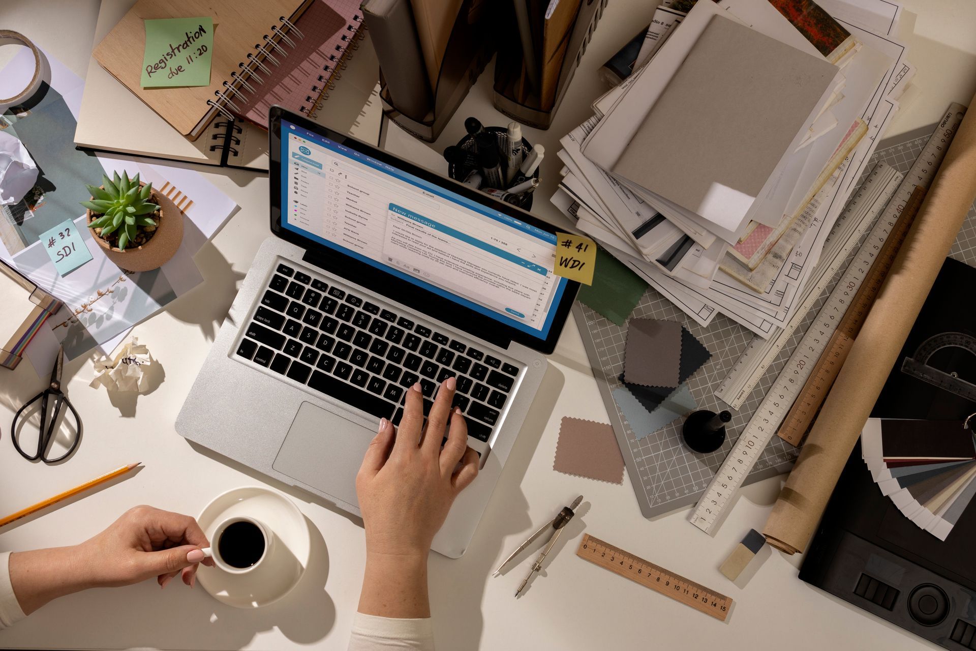 Overhead view of person working at a cluttered desk with laptop, coffee, and stationery.