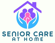 Senior Trusted Home Care Logo: House, figures, and hands in blue, purple, and pink,