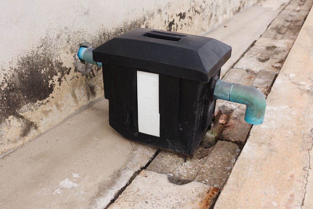 A Blue Box is Attached to a White Pipe on the Side of a Building — Proserpine Septic Service In Proserpine, QLD