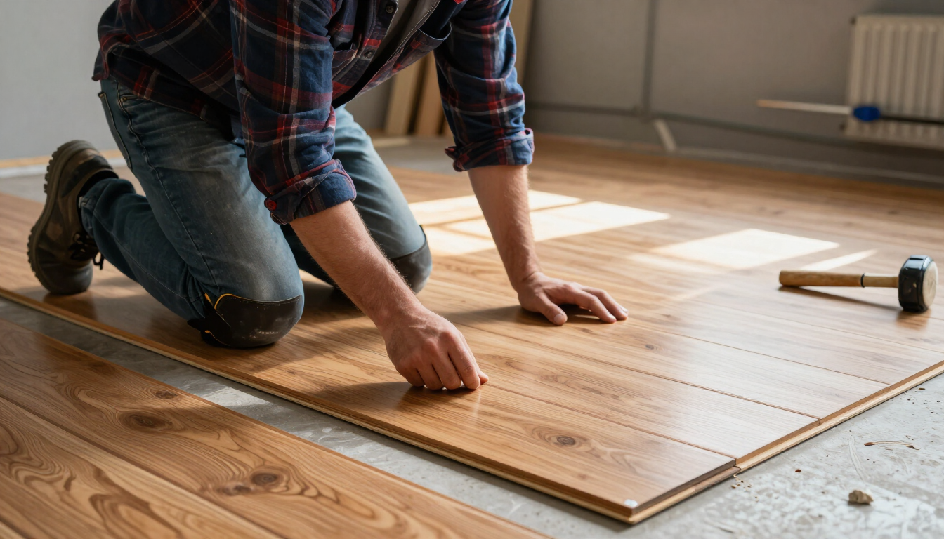 Person kneeling on a floor, installing a wooden plank beside a hammer and tape measure.