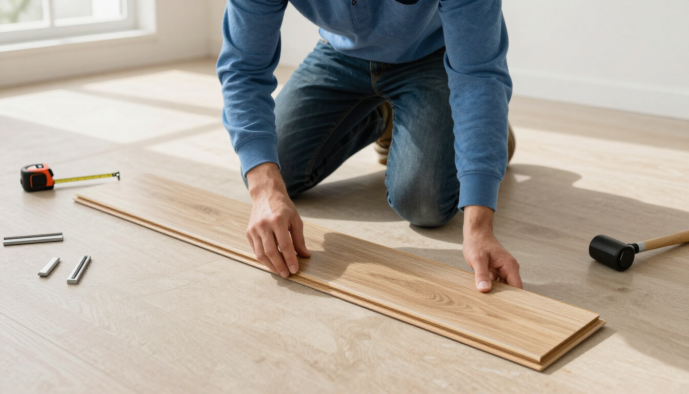 Person kneeling on carpet installing wooden floor planks with tools nearby