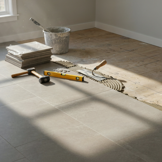 Tile flooring being installed in a sunlit room with tiles, trowel, level, bucket, and spacers