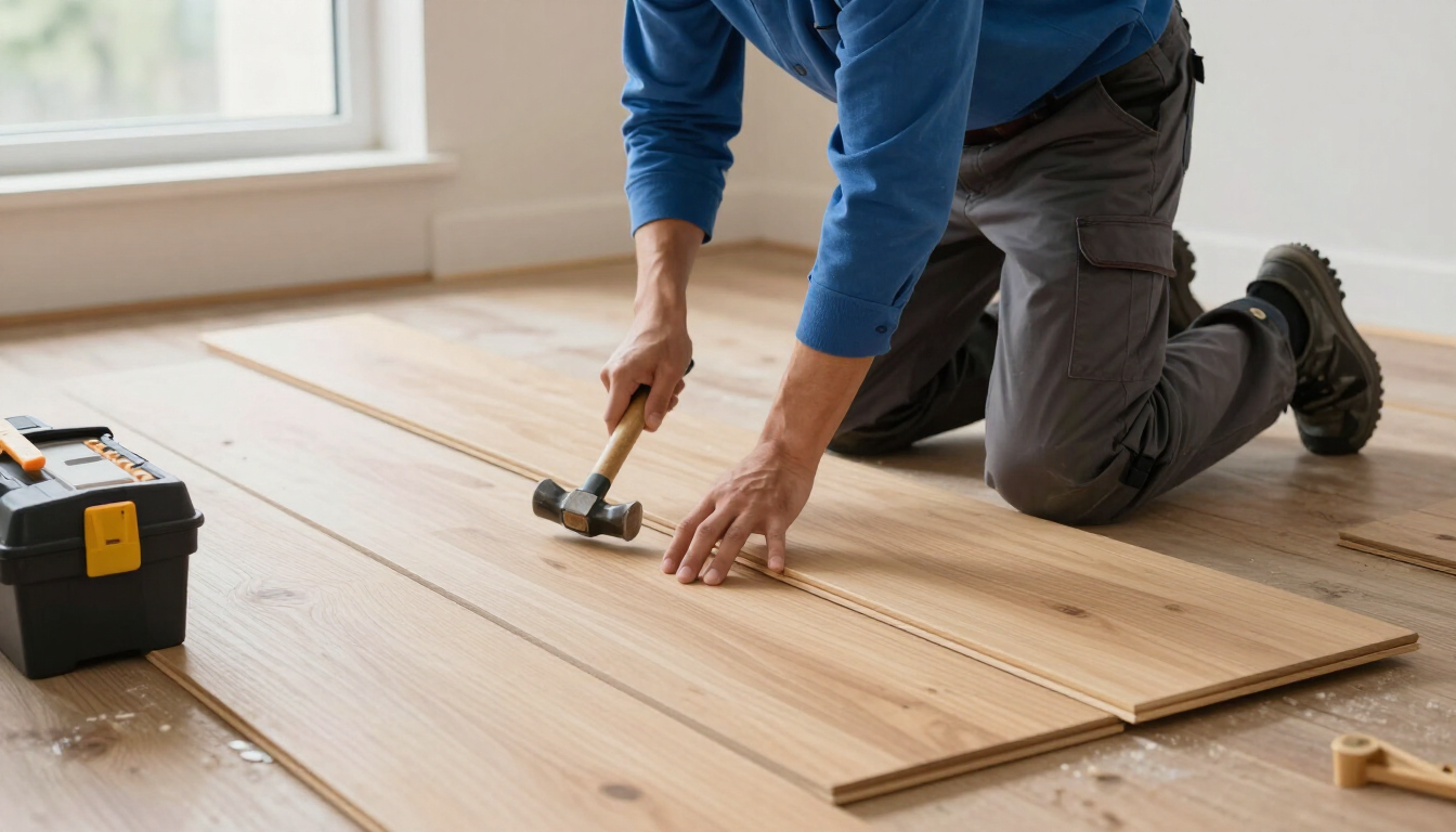 Person installing wooden flooring with a hammer in a bright room