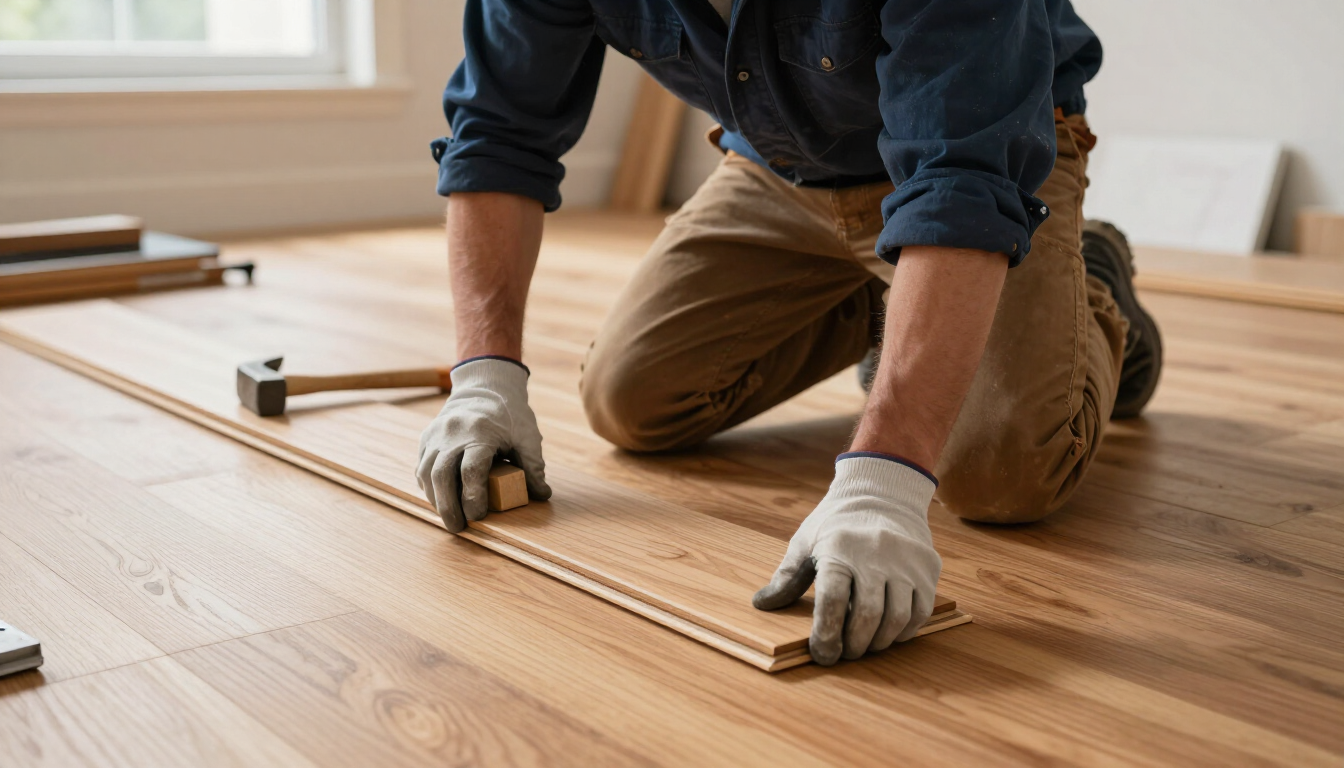 Person kneeling on a hardwood floor, installing wooden planks with gloves and measuring tools