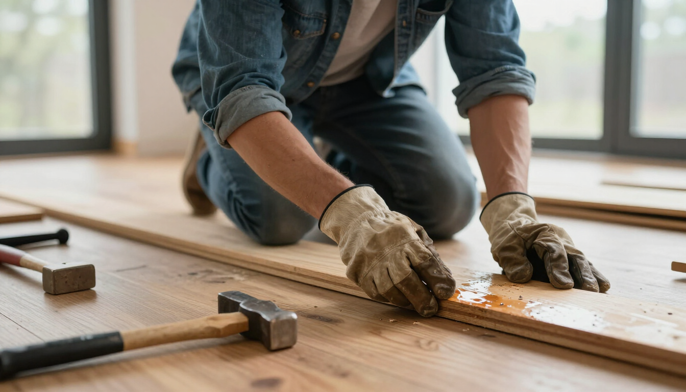 Worker installing wooden floorboards with a hammer and gloves in a bright room.