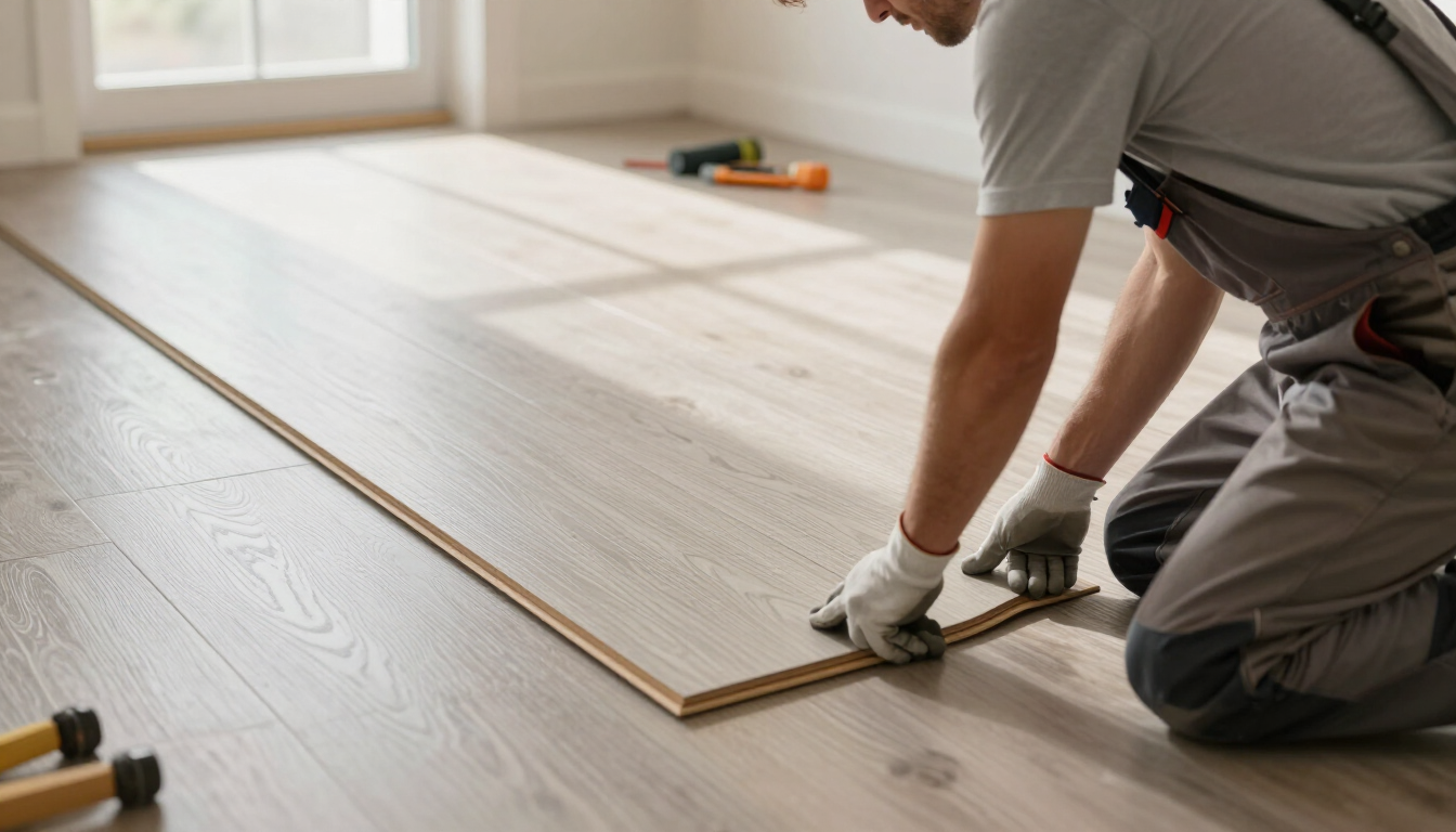Worker installing wood flooring in a bright room, kneeling with tools and aligned planks.