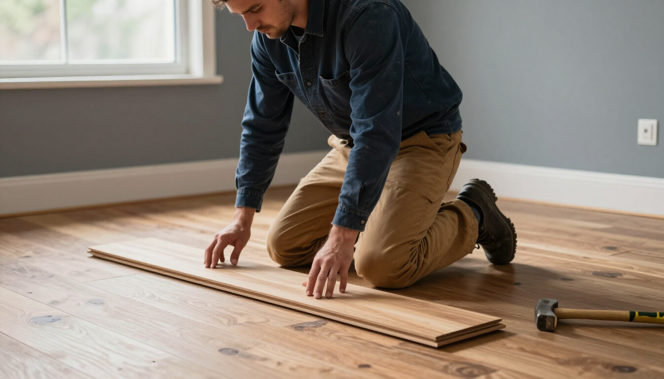 Person kneeling on a wood floor, measuring and installing new flooring planks beside a hammer.