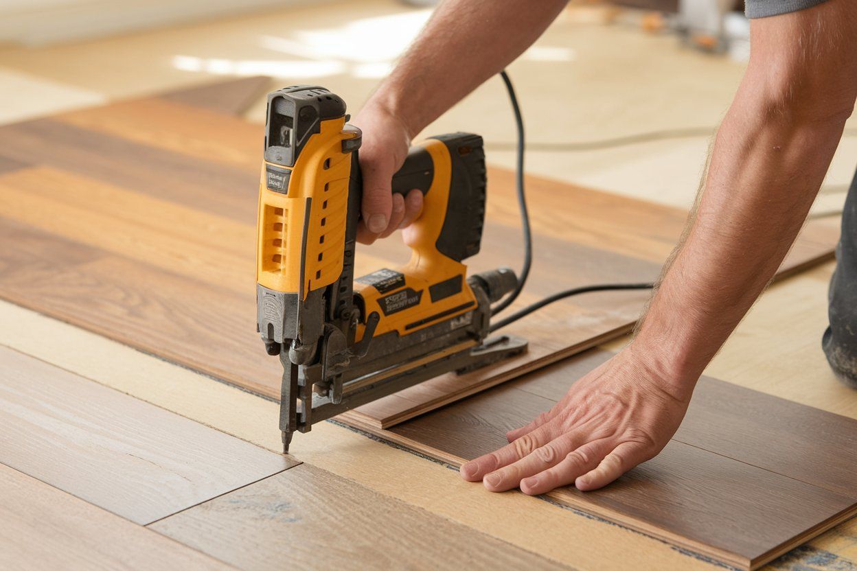 Hands using a yellow jigsaw to cut a wood floor panel during installation