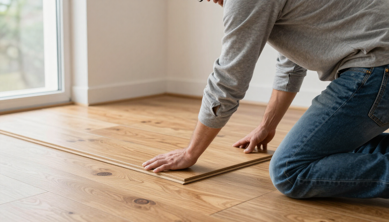 Person kneeling on a wooden floor, inspecting a crack near a window in a bright room
