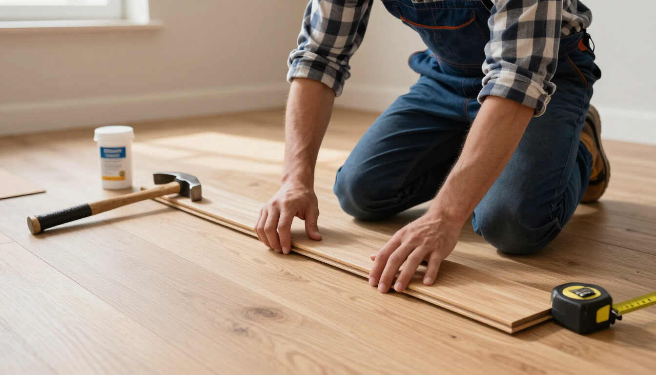Person kneeling on a wooden floor measuring a floorboard with a tape measure and hammer nearby