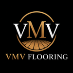 VMV Flooring logo with gold and white lettering on a black background