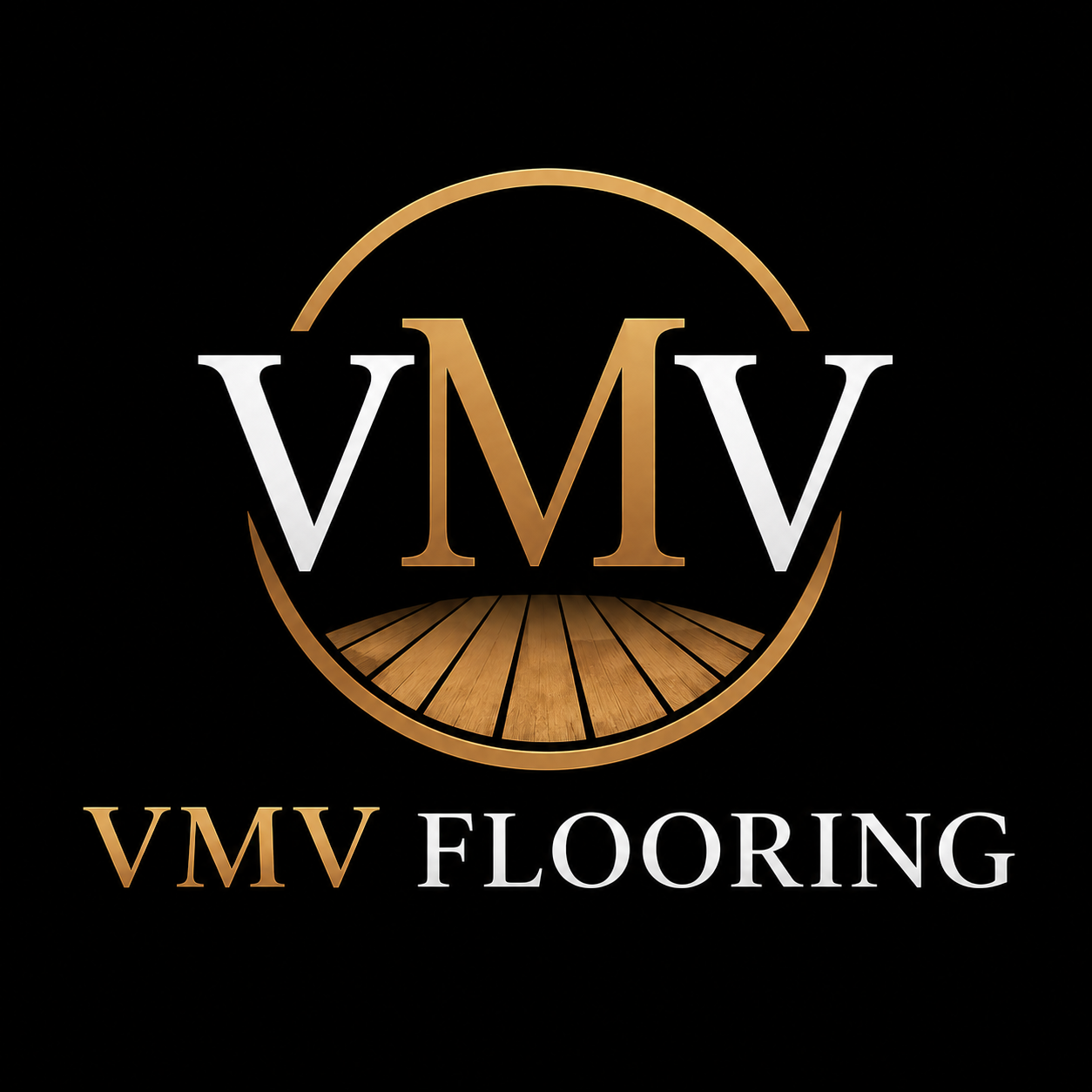 VMV Flooring logo with gold and white lettering on a black background
