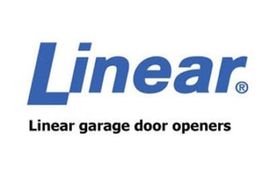Linear logo with blue text and the words “Linear garage door openers” underneath