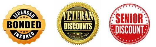 Three circular badges reading “Licensed Bonded Insured,” “Veteran Discounts,” and “Senior Discount”