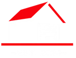 Red abstract roof-like shape above a thin red horizontal line on a white background