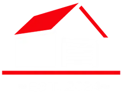 Red geometric roof shape above a long red horizontal line on a white background