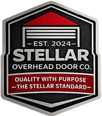 Stella Overhead Door Co. hexagon logo in black, red, and gray with “Est. 2024” and “The Stellar Standard”