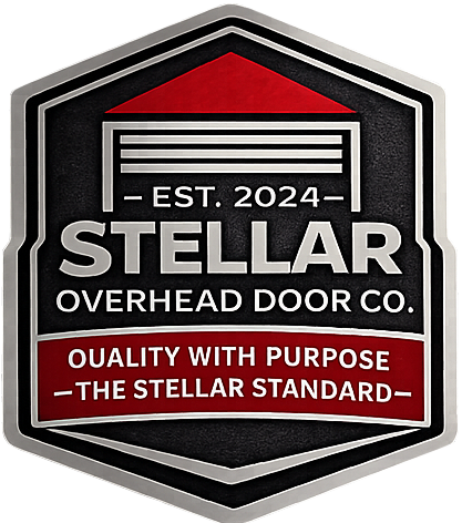 Stella Overhead Door Co. hexagon logo in black, red, and gray with “Est. 2024” and “The Stellar Standard”