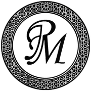 Un logo du palais des mignardises, noir et blanc avec la lettre p et m dans un cercle