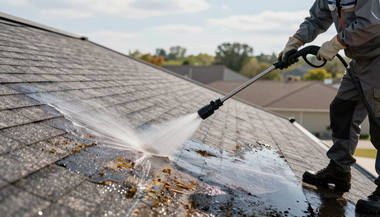 Person pressure-washing a brown shingle roof beside a house outdoors
