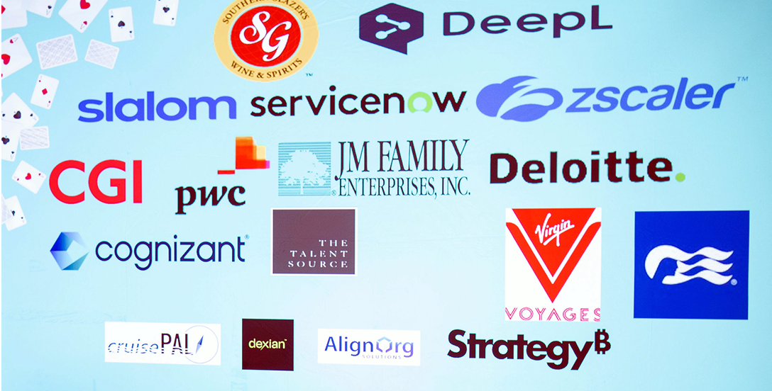 Collage of company logos on a light blue background, including CGI, PwC, Deloitte, DeepL, ServiceNow, and Zscaler
