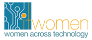 Women Across Technology logo with teal circuit pattern and orange “women” text
