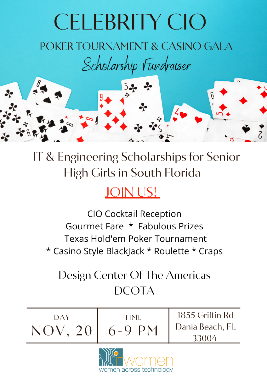 Celebrity CIO fundraising event flyer with playing cards, scholarship details, and date/time at the bottom