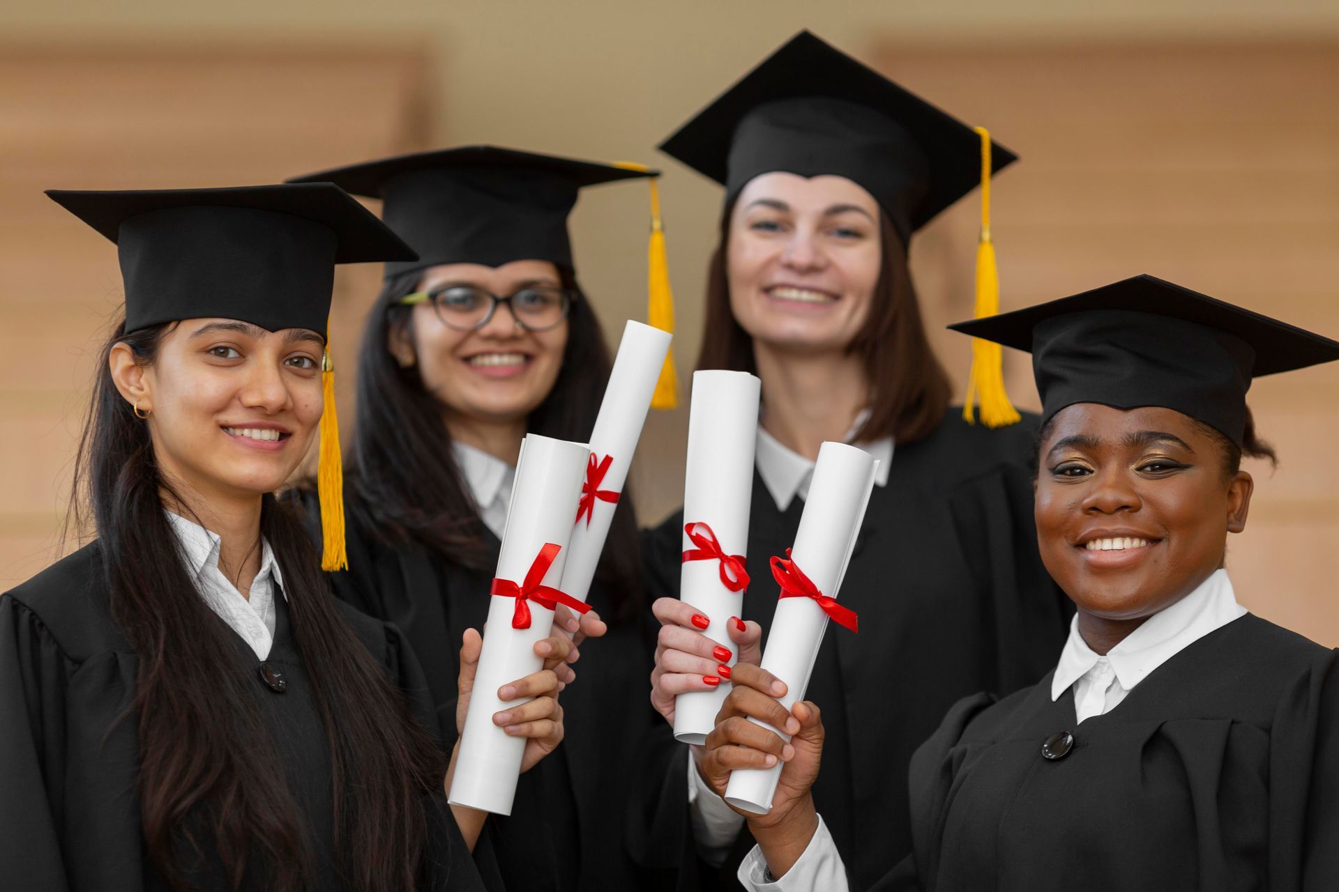 Four graduates in caps and gowns smiling, holding diplomas at a graduation ceremony.