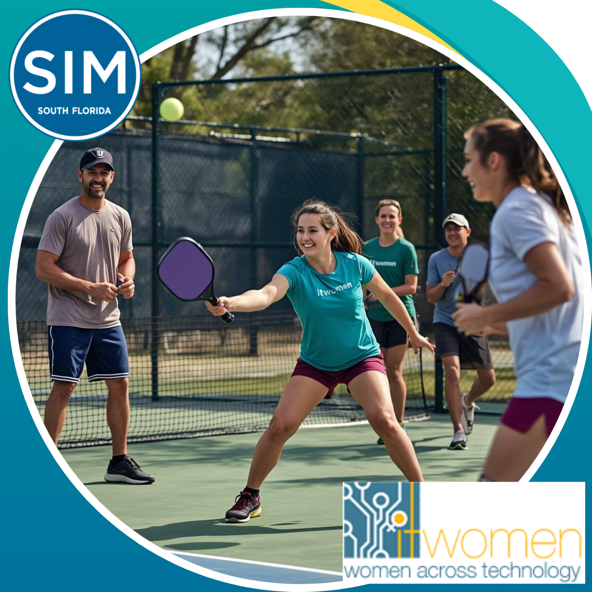 Pickleball players on an outdoor court during a Women’s Day event, with SIM South Florida and #women logos