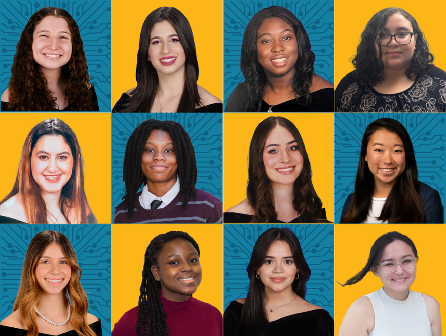 Twelve smiling portrait headshots arranged in a 3x4 grid on yellow and blue backgrounds