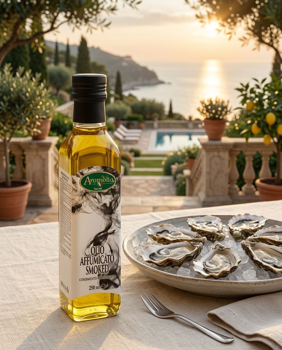 Aromolio Olio Affumicato su terrazza costiera al tramonto con ostriche