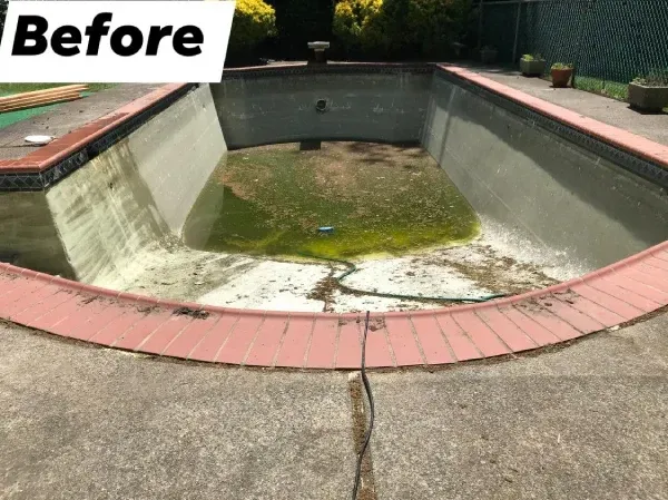 Empty, dirty concrete fountain basin with green algae and red coping, labeled “Before”