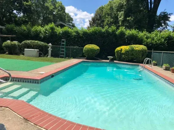 Sunny backyard swimming pool with turquoise water, red brick coping, and trimmed green hedges.