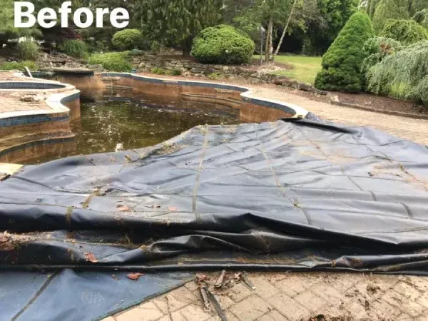Large backyard pond covered with a black tarp, labeled “Before”