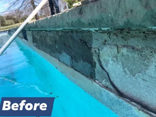 Close-up of cracked pool wall with peeling plaster and turquoise water, labeled “Before”
